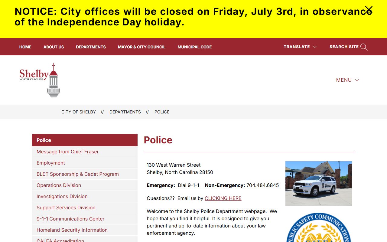 Shelby Police non-emergency contact page